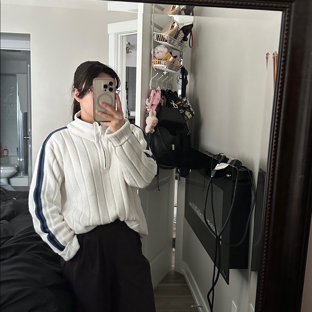 Bongo Jeans Quarter Zip White Ribbed Sweater with Blue Stripes